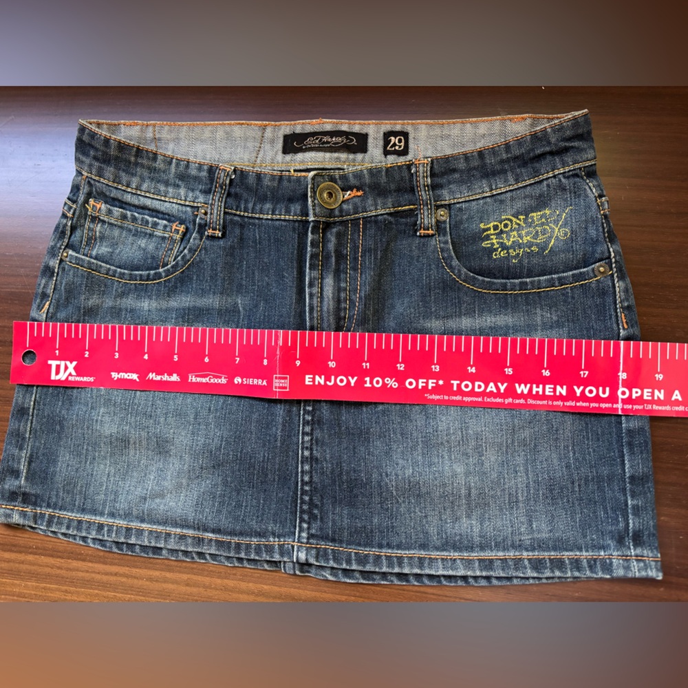 Ed Hardy Blue Denim Mini Skirt with Yellow Logo - Picture 4 of 8